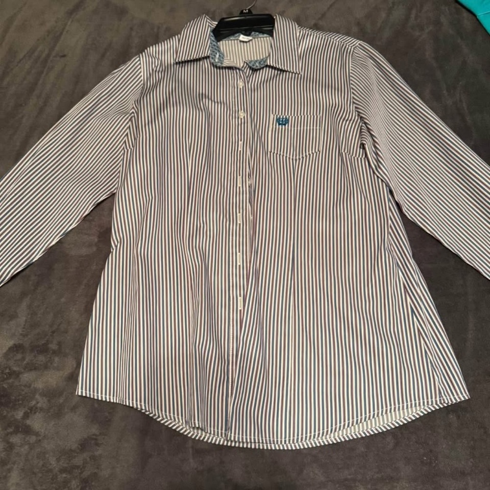 Cinch Blue, Maroon, and White Striped Button Down Shirt